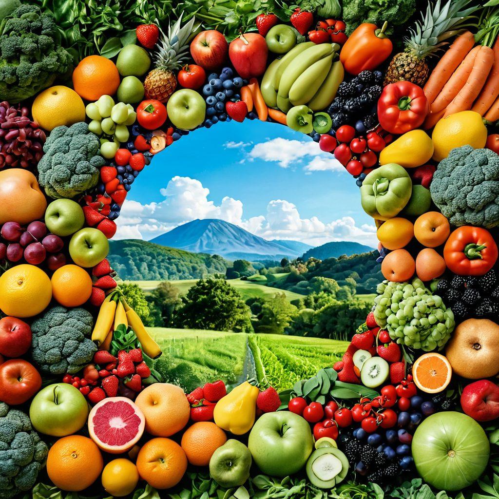 A collage of vibrant and fresh fruits and vegetables, symbolizing healthy nutrition, surrounded by diverse individuals sharing inspiring stories of survivorship. In the background, a serene nature scene promotes a positive lifestyle. The overall mood is uplifting and hopeful, highlighting the empowerment through healthy choices in cancer care. vibrant colors. super-realistic.