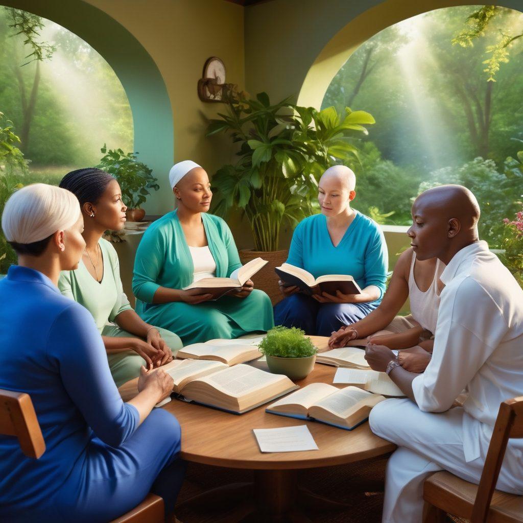 A serene scene depicting a diverse group of cancer survivors engaged in a supportive group discussion, surrounded by symbolic elements of knowledge like books and healthy food. Soft light illuminating their hopeful expressions, with a backdrop of nature symbolizing healing and resilience. Various hues of green and blue to convey tranquility and empowerment. super-realistic. vibrant colors. warm lighting.